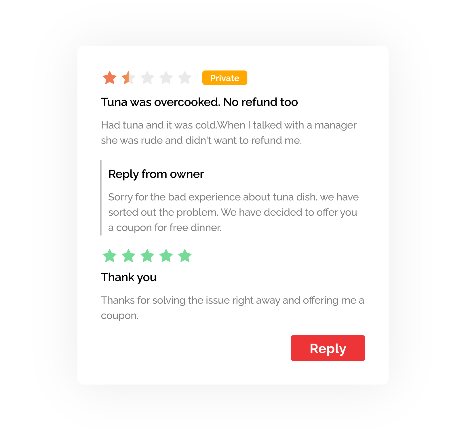 A screenshot of a user interface (UI) element from the product is displayed. The UI design features a chat-like interface, resembling a conversation between a restaurant owner and a customer. The interface provides a private and secure platform for restaurant owners to respond to customers' feedback. It showcases a text input field, along with a list of previous customer messages and restaurant owner responses. This image represents the functionality of privately engaging with customers' feedback to improve food, service, and brand experiences.